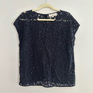 LOFT Navy Short Sleeve Lace Blouse